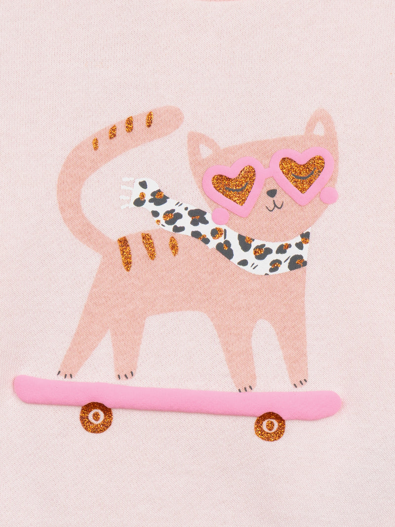 Ensemble sweat rose craie "Skater Cat" et legging côtelé prune pour bébé fille