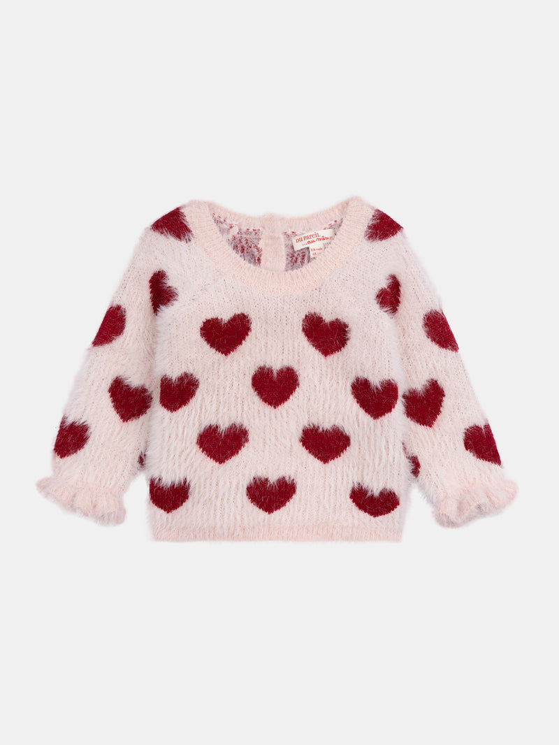 Pull rose craie à motif cœurs pour bébé fille