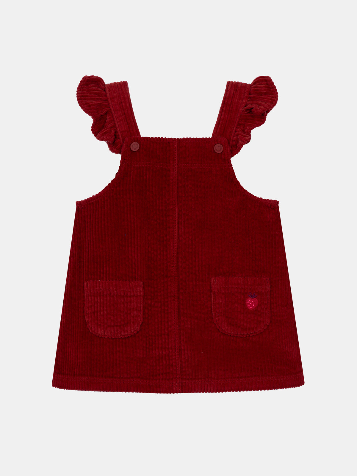Vestido de jardineira em veludo cotelê vermelho tijolo para menina bebé