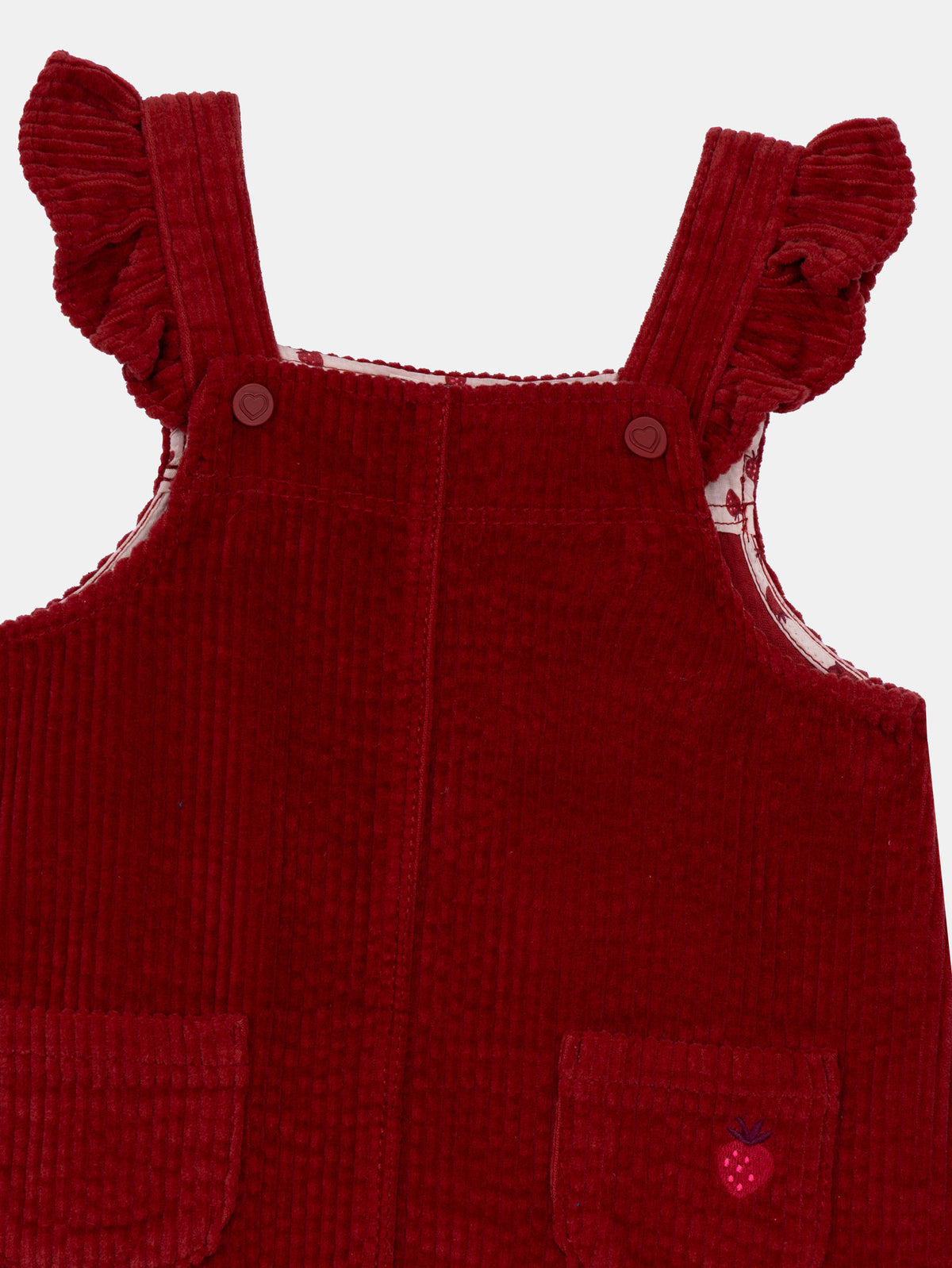 Vestido de jardineira em veludo cotelê vermelho tijolo para menina bebé
