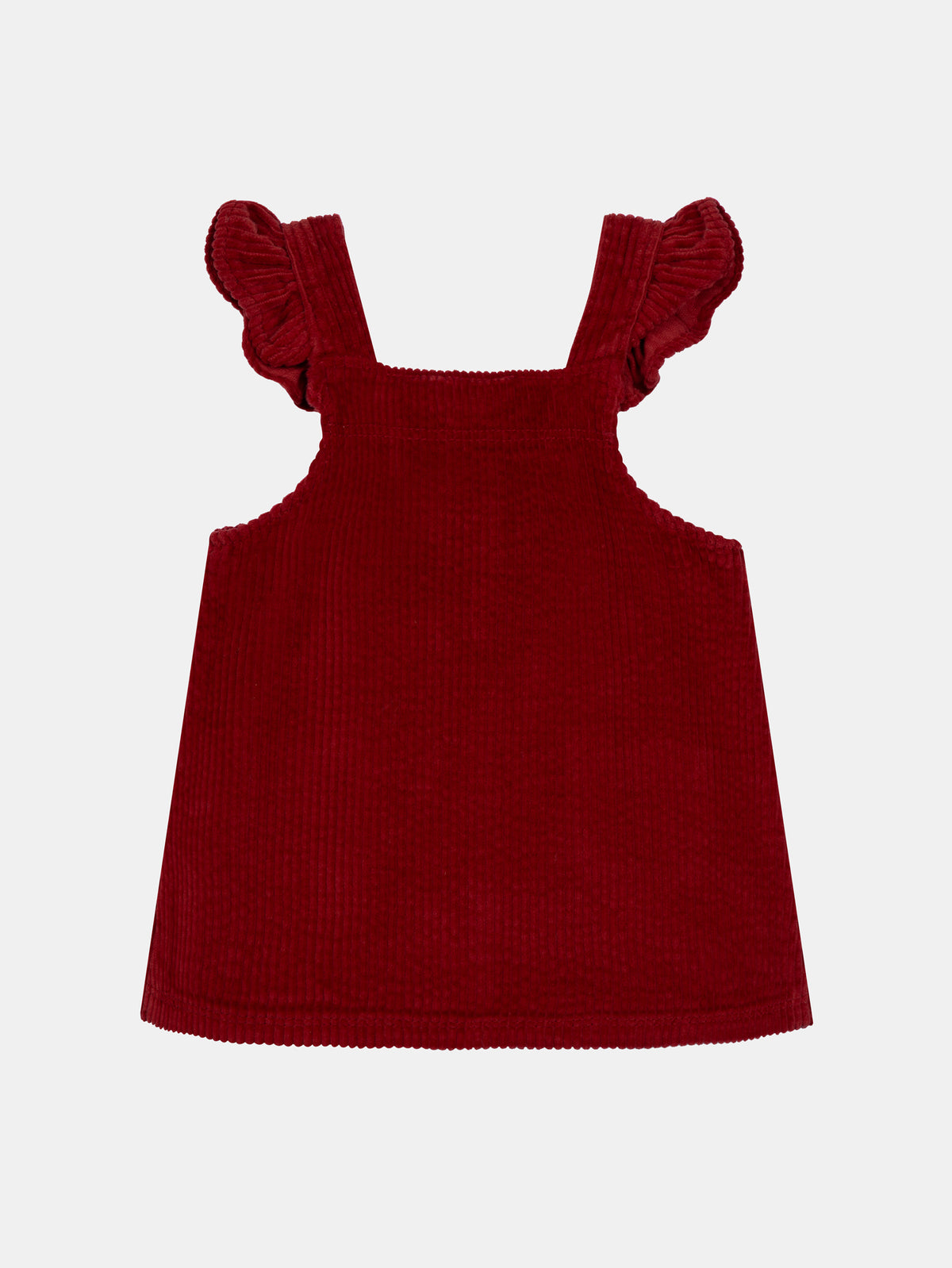 Vestido de jardineira em veludo cotelê vermelho tijolo para menina bebé