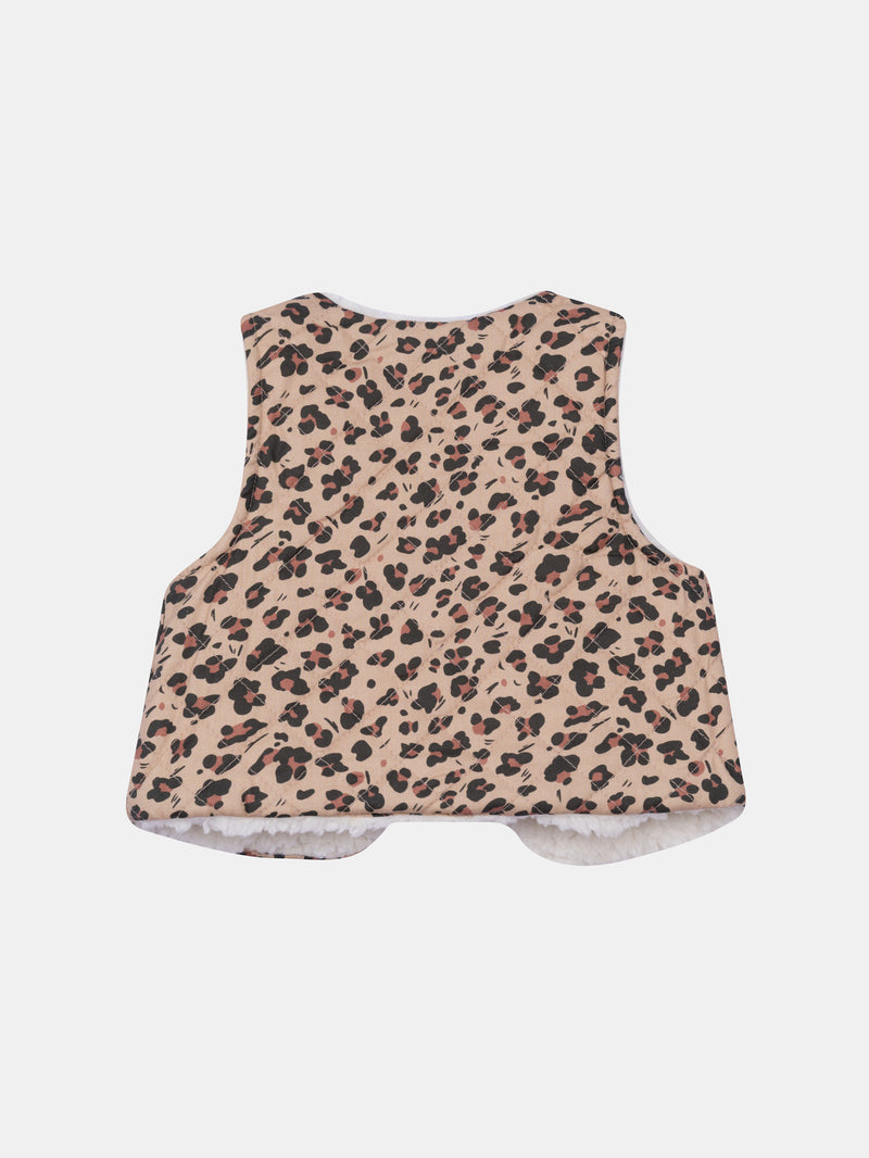 Gilet sans manches réversible écru et imprimé léopard pour bébé fille