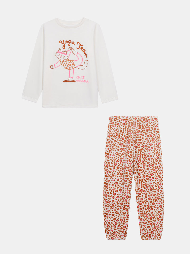 Pyjama écru et rose en velours "Cat Yoga Team" pour enfant fille