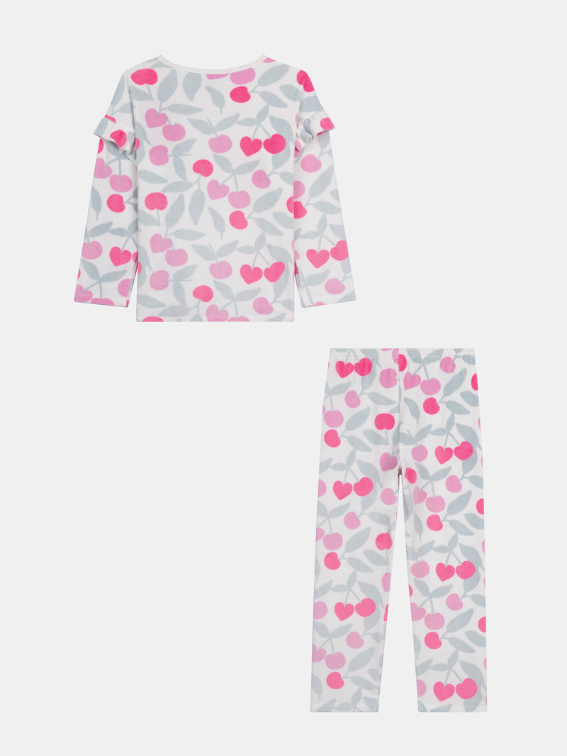 Pyjama volanté en velours ultra-doux écru motif cerises & détails fluo pour enfant fille