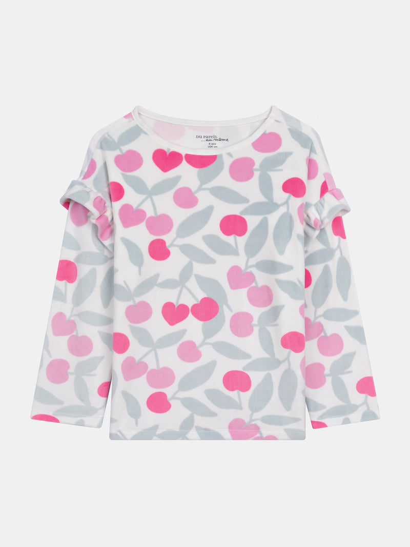Pyjama volanté en velours ultra-doux écru motif cerises & détails fluo pour enfant fille