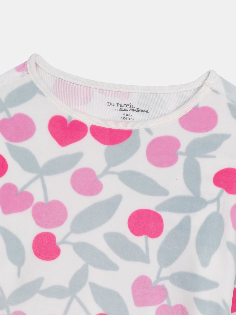 Pyjama volanté en velours ultra-doux écru motif cerises & détails fluo pour enfant fille