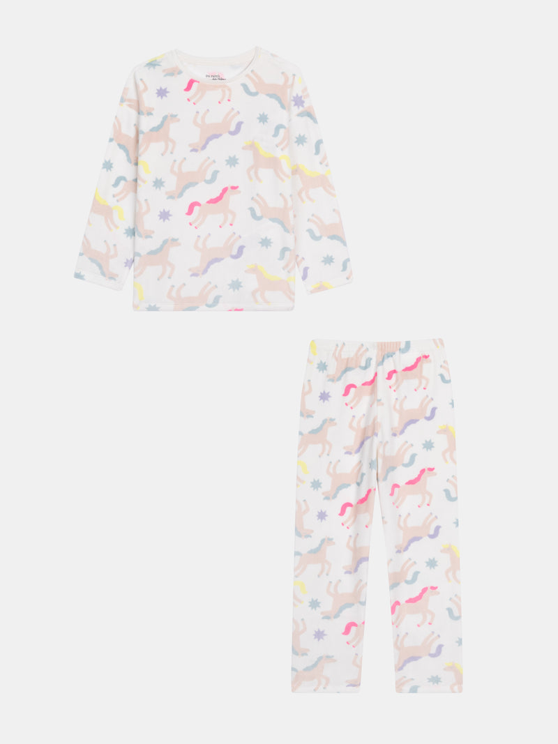 Pyjama en velours très doux écru "Licornes Féeriques" & détails fluo pour enfant fille