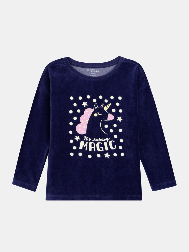 Pyjama bleu en velours "It's raining MAGIC" phosphorescents pour enfant fille