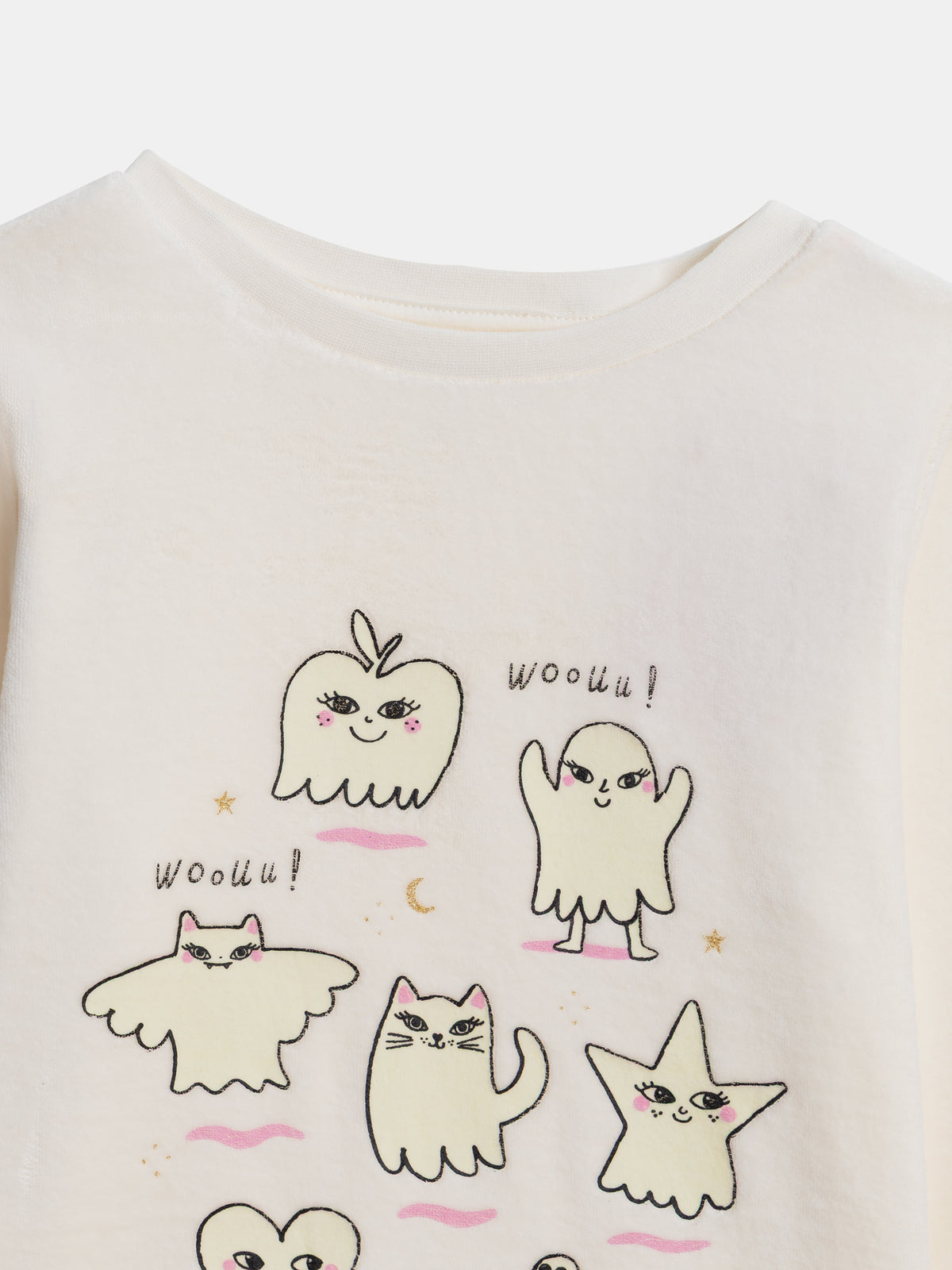 Pyjama 2 pièces écru en velours à motifs fantômes phosphorescents pour enfant fille
