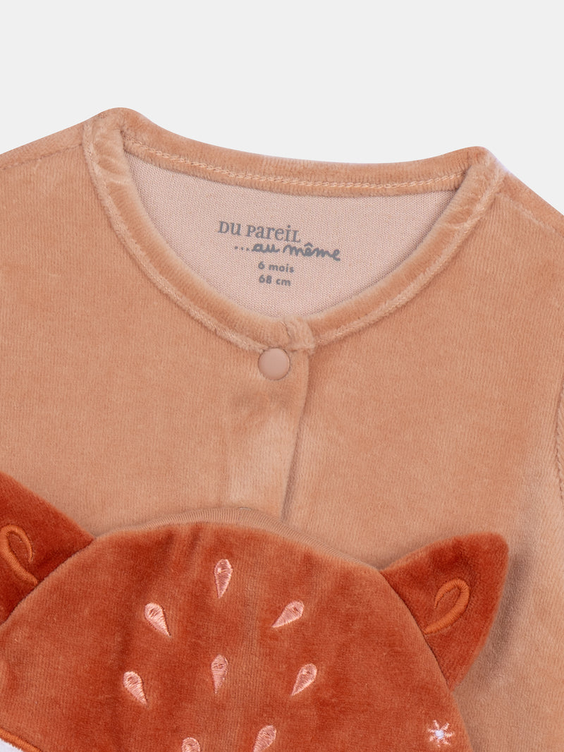 Grenouillère en velours caramel motif renard pour bébé fille