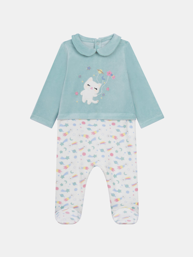 Grenouillère en velours bleu imprimé intégrale spacial & motif chat pour bébé fille