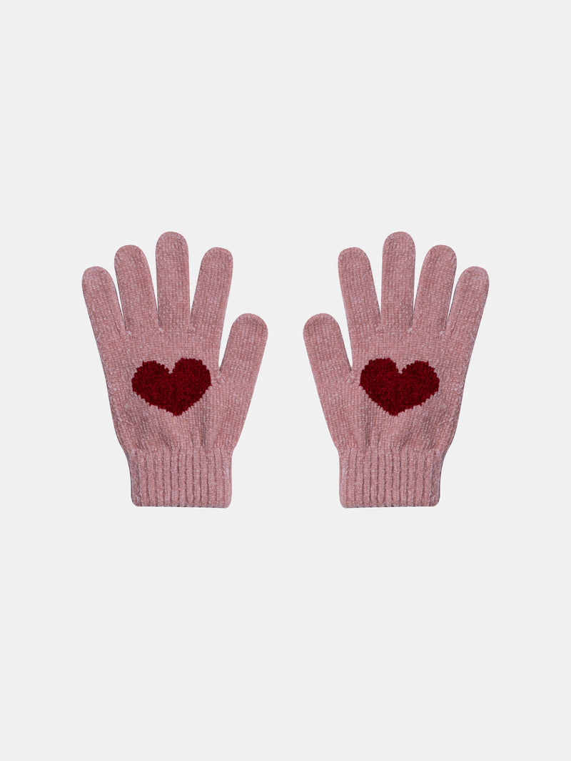Luvas rosa em tricô com coração vermelho para meninas