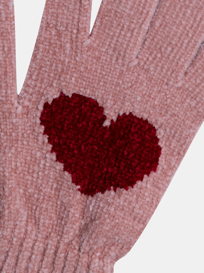 Luvas rosa em tricô com coração vermelho para meninas