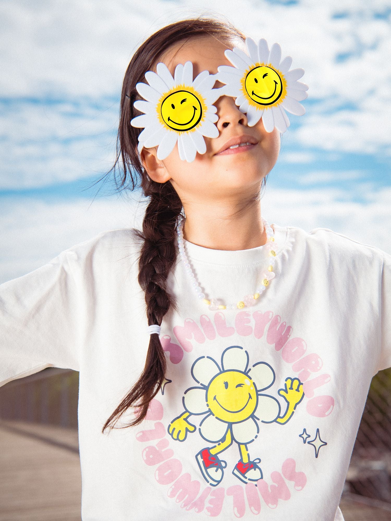 T-shirt écru à manches longues à imprimé SMILEYWORLD fleur pour fille