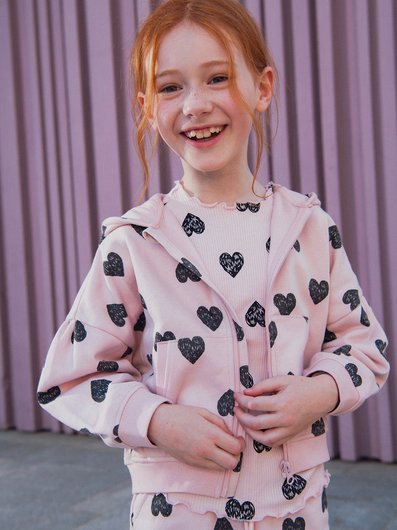 Camisola de jogging rosa com estampado de coração para meninas