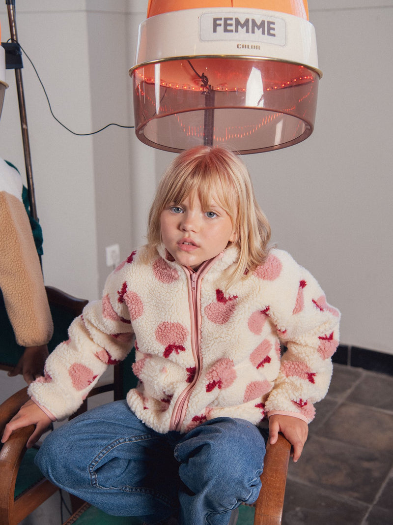 Cardigan ecru com estampa de maçãs para meninas