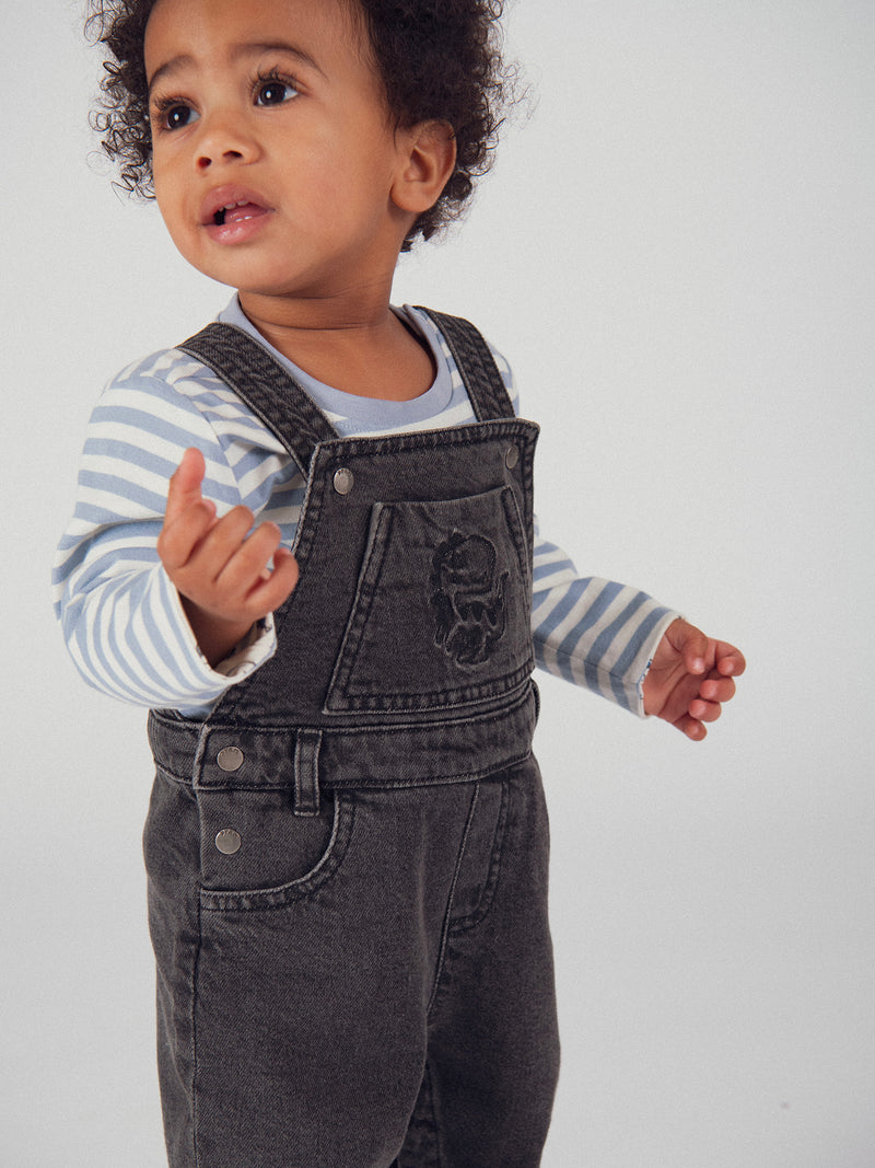 Salopette em denim cinza "Dinossauro" para menino bebé