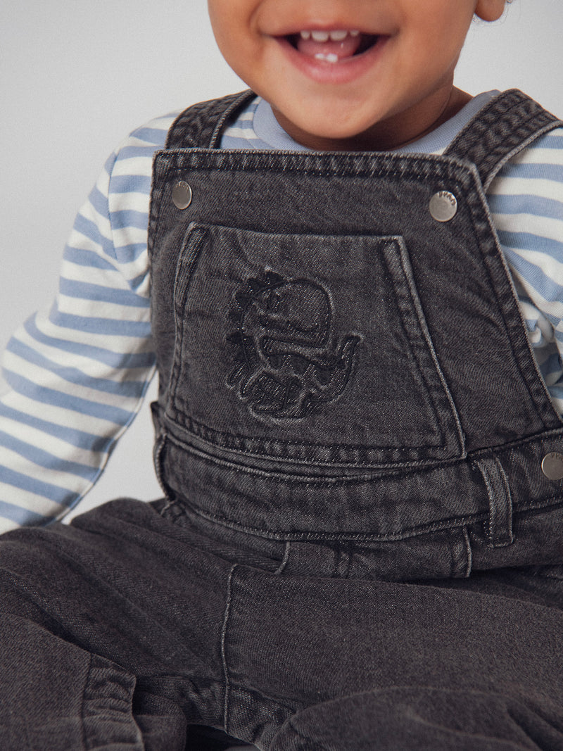 Salopette em denim cinza "Dinossauro" para menino bebé