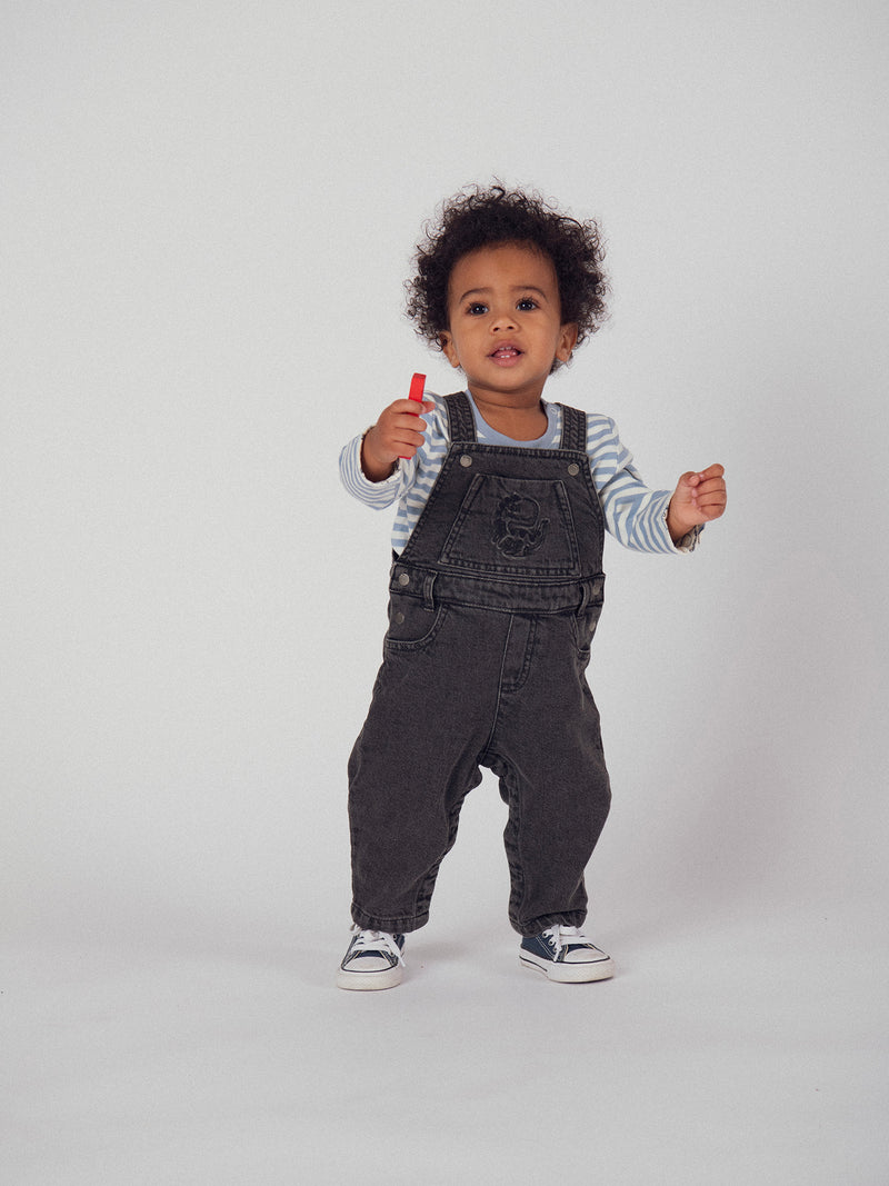 Salopette em denim cinza "Dinossauro" para menino bebé