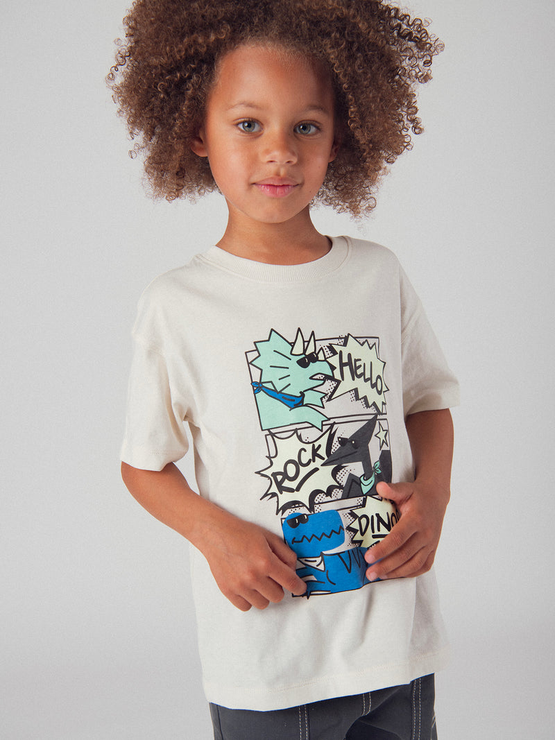 T-shirt fosforescente com animação de banda desenhada de dinossauros para menino