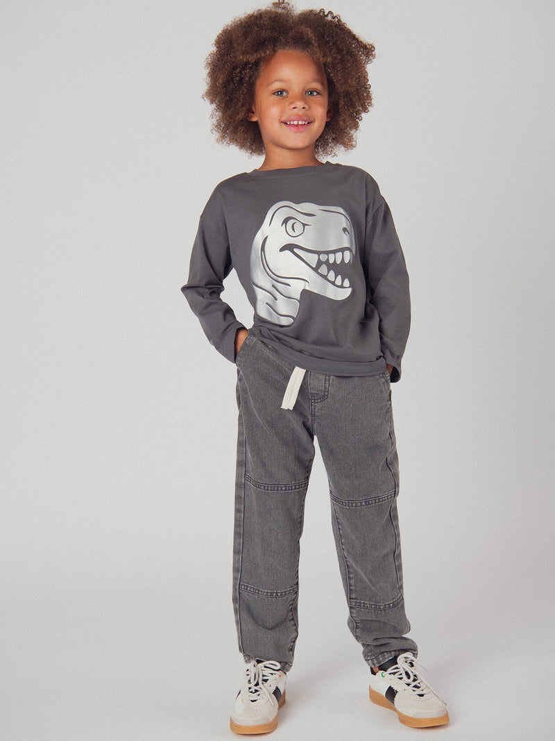 T-shirt cinza de mangas longas com animação de cabeça de dinossauro para garoto