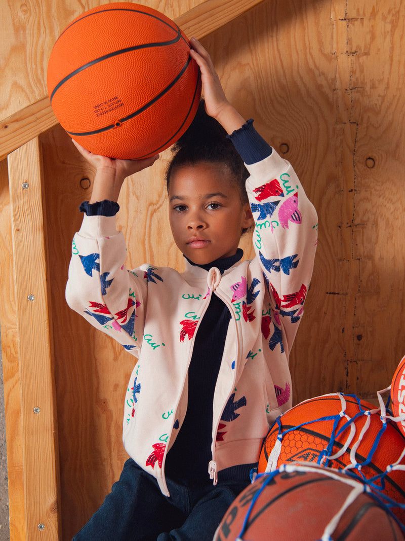 Cardigan reversível rosa com estampado de pássaros para menina