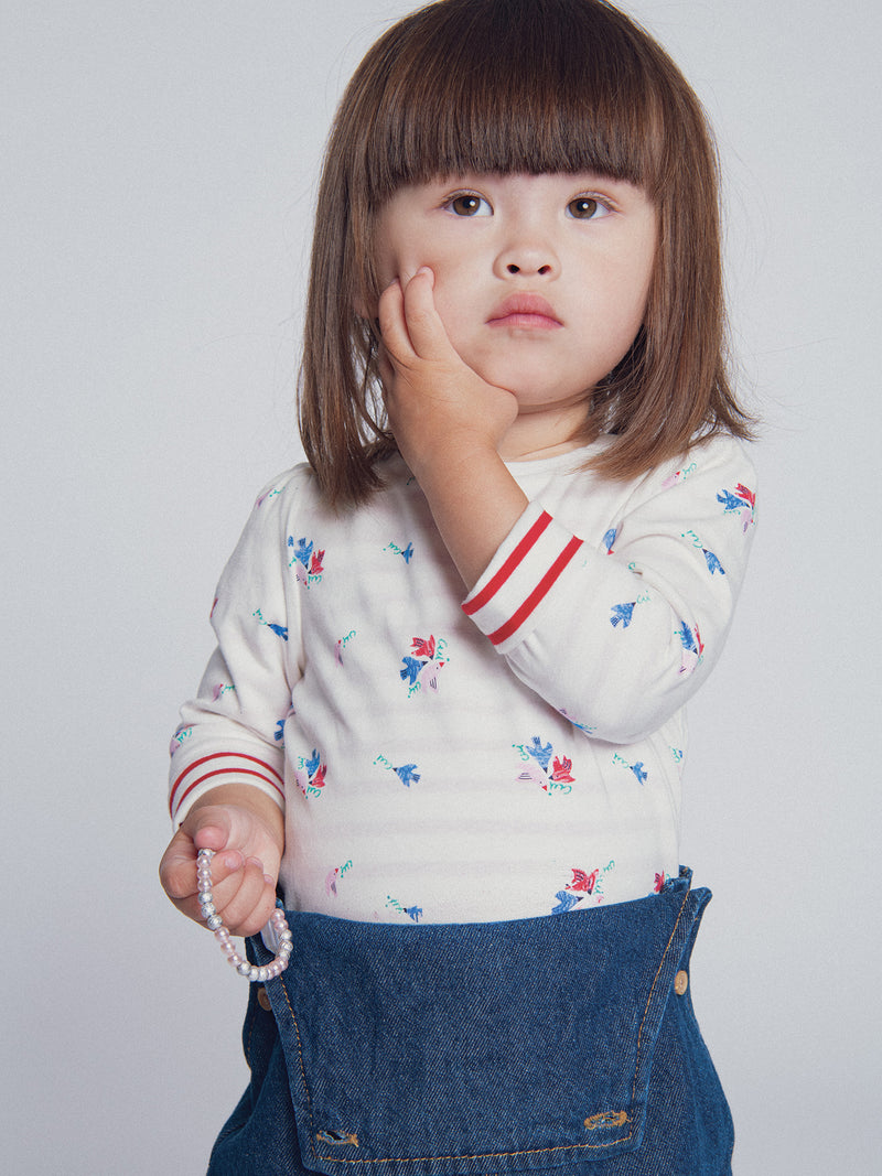 T-shirt reversível ecru e riscada "ARTY SCHOOL" para bebé menina