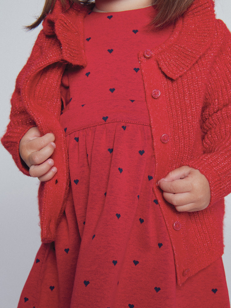 Vestido vermelho em malha com impressão de corações para menina