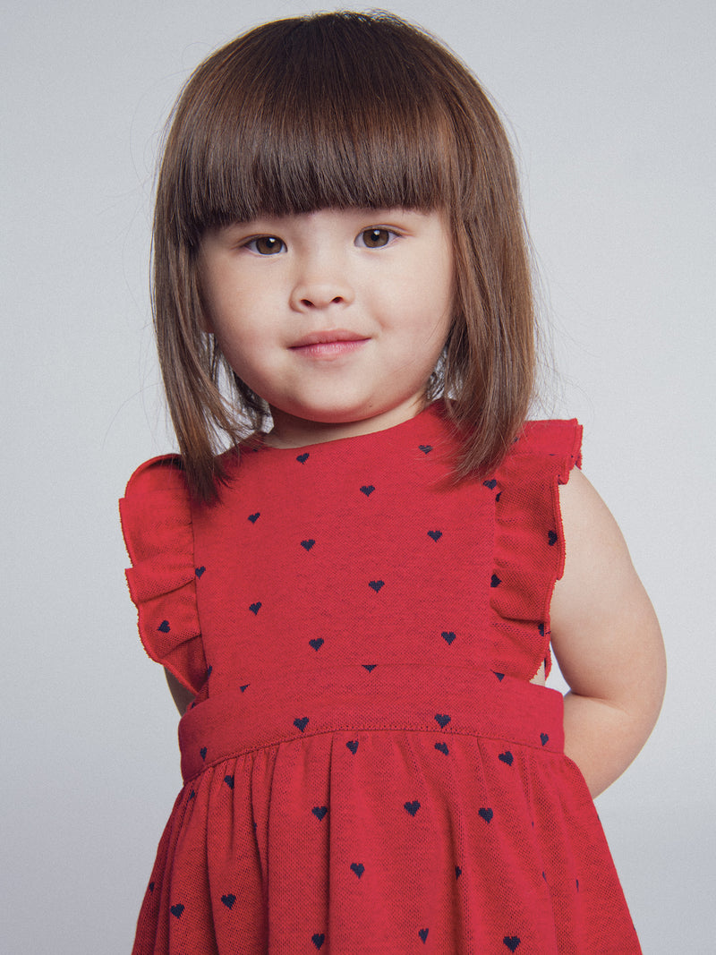 Vestido vermelho em malha com impressão de corações para menina