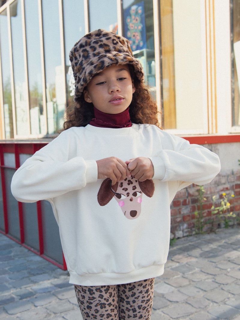 Sweat écru à animation chien pour fille