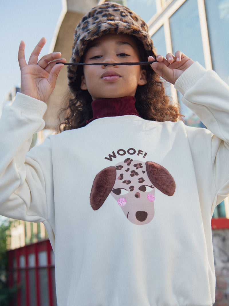 Sweat écru à animation chien pour fille