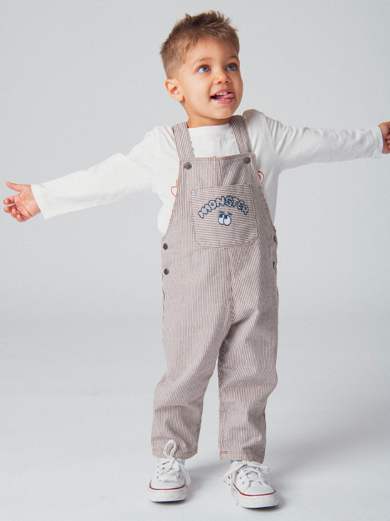 Salopette rayée en denim cacao et écru "Monster" pour bébé garçon
