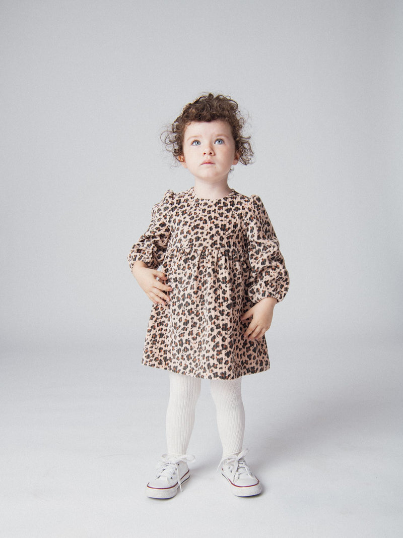Vestido em veludo cotelê bege com estampado de leopardo para bebé menina