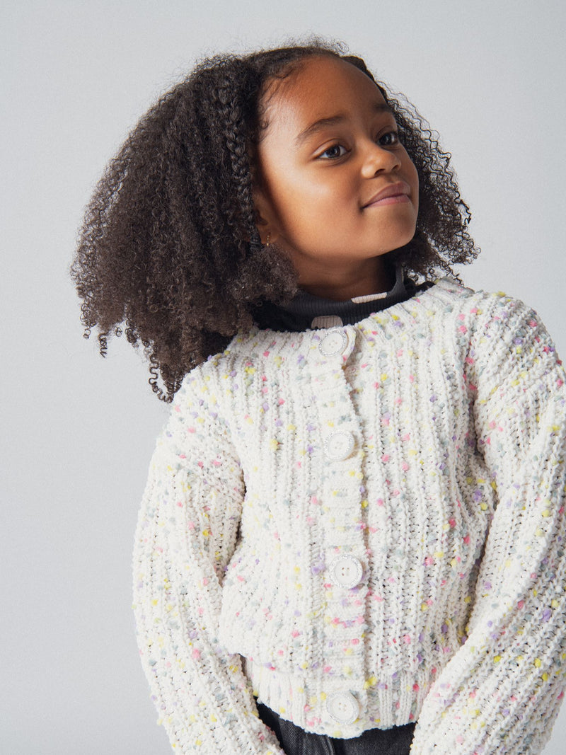 Cardigan branco partido em malha com bolinhas multicoloridas para menina