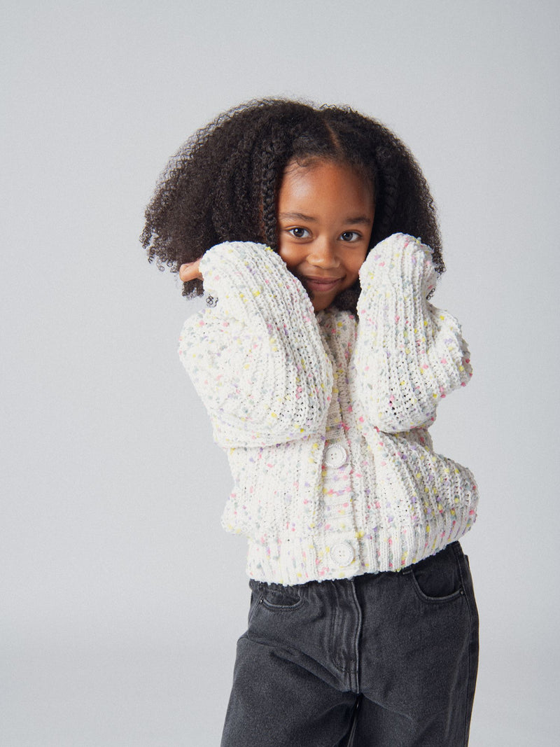 Cardigan branco partido em malha com bolinhas multicoloridas para menina