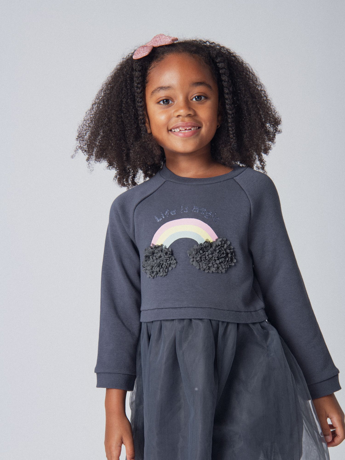 Vestido bicolor com animação de arco-íris para meninas