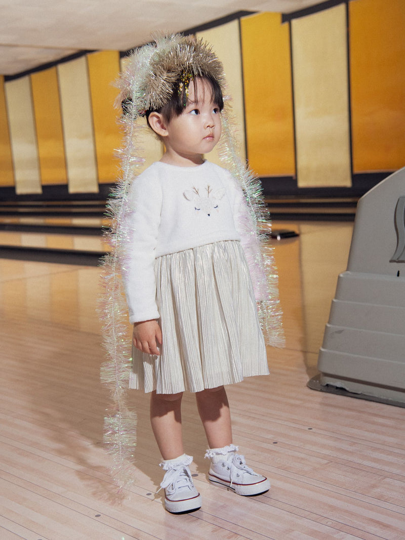 Robe bi-matière écrue et dorée avec broderie faon pour bébé fille