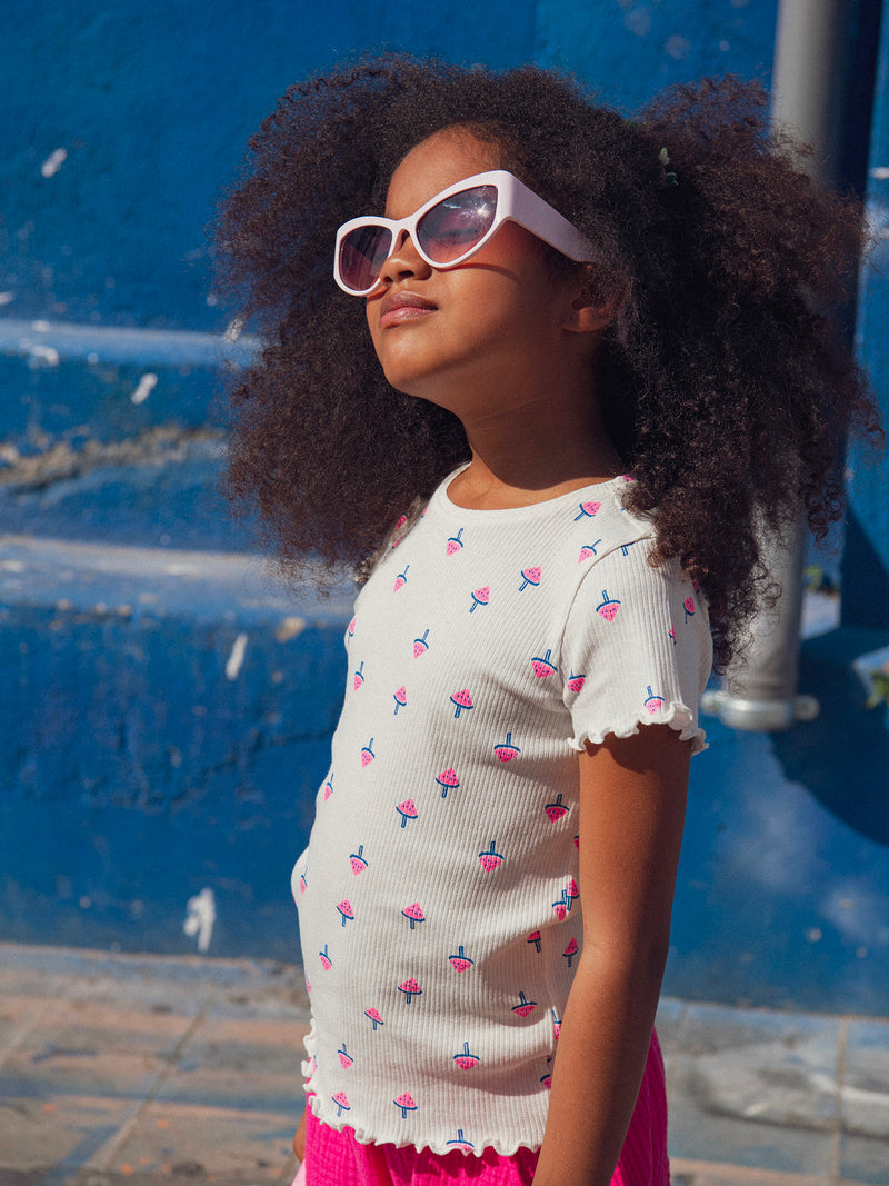 T-shirt em cabo ecru com estampado de gelado de melancia para meninas