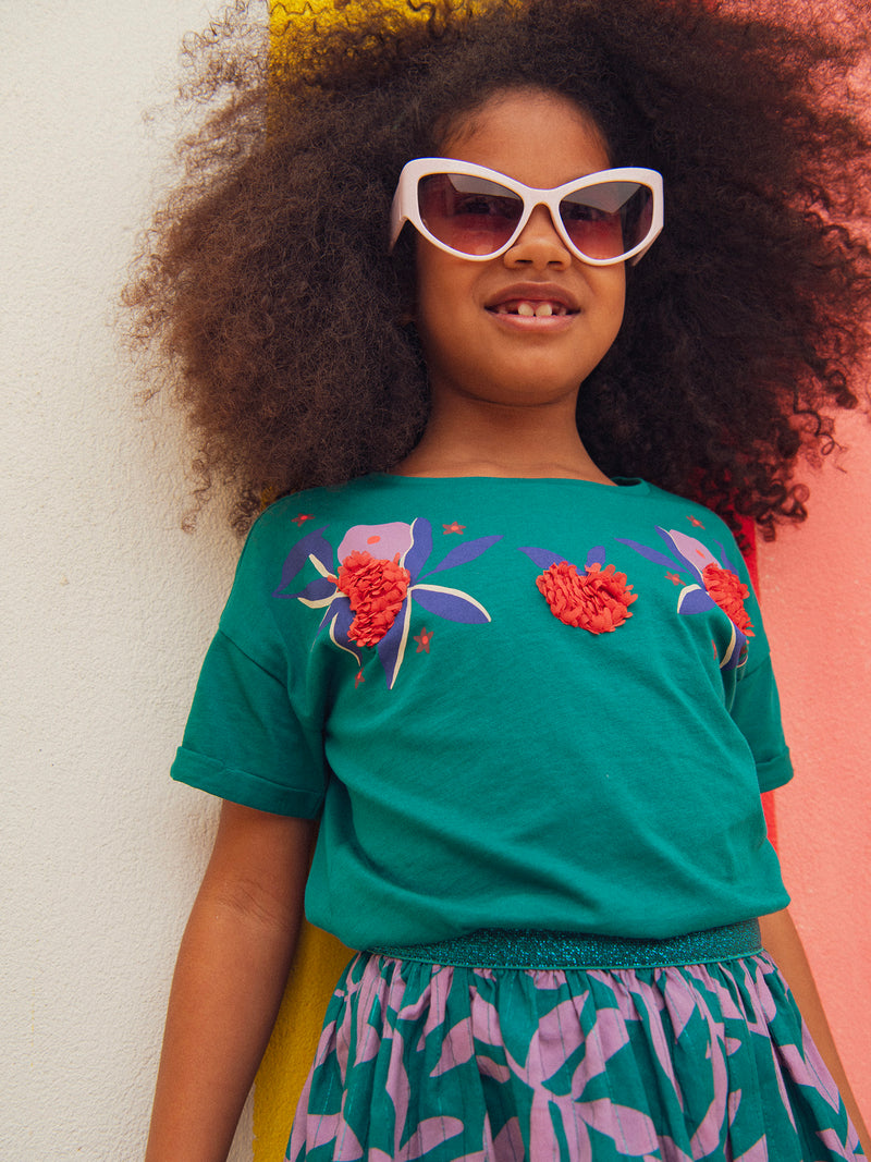 T-shirt verde com animação floral para meninas