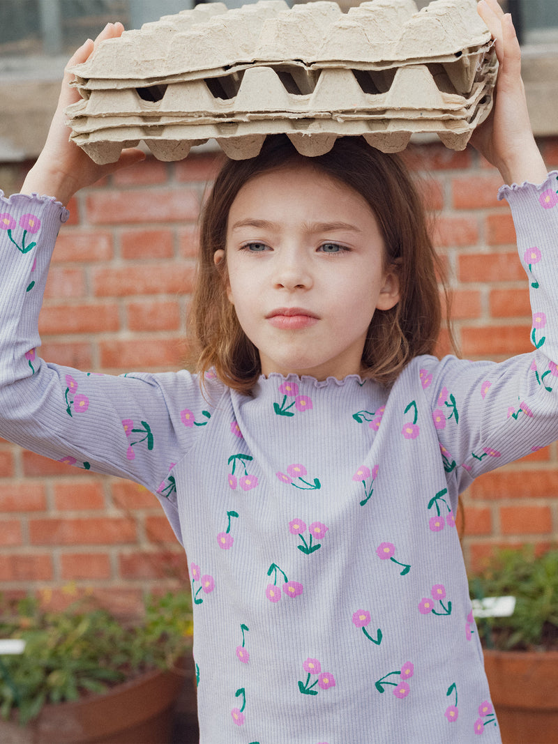 T-shirt em Cotelê com Mangas Longas e Bordas Onduladas, Estampado de Flores