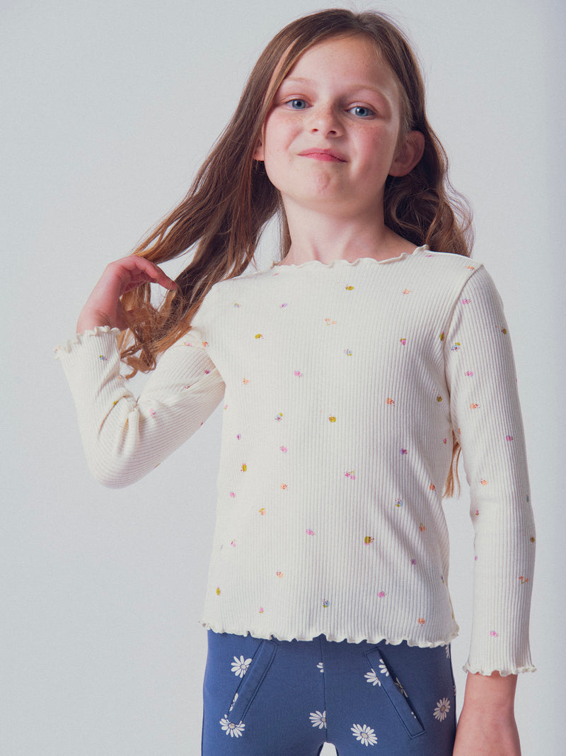 T-shirt de cotele de mangas longas ecru com impressão de frutas para meninas