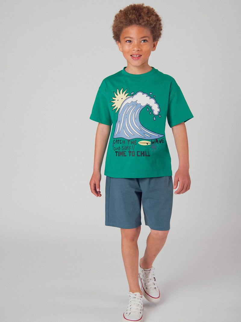 Ensemble t-shirt vert et short  bleu foncé avec animation pour garçon