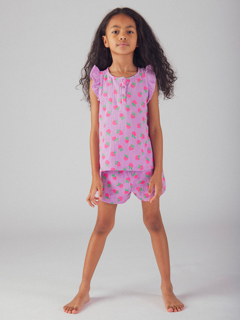 Pyjama court violet imprimé "Fraises Gourmandes" pour enfant fille