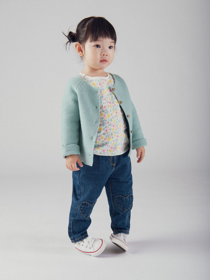 Cardigan de malha azul polvorento para bebé menina