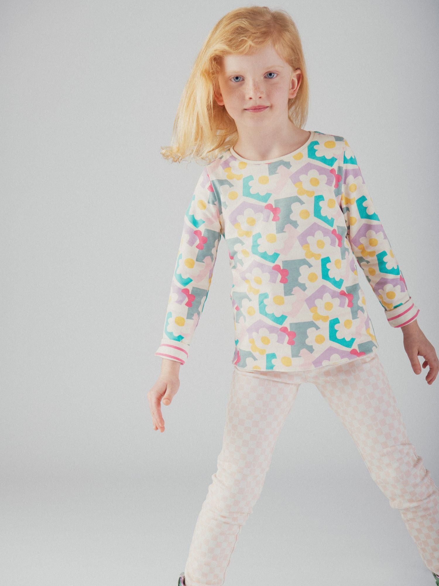 Pantalon doublé chaud à damier rose et écru pour fille