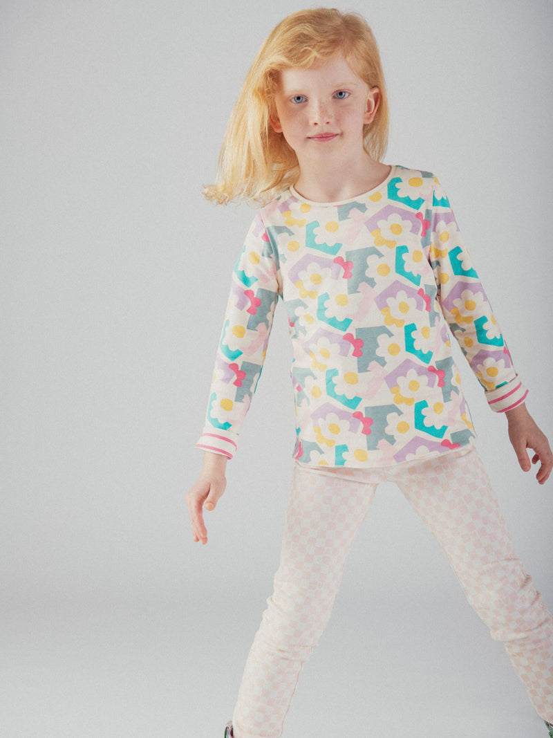 Pantalon doublé chaud à damier rose et écru pour fille