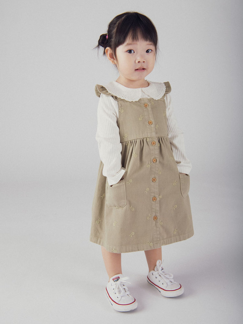 Vestido salopete com bordados de flores para bebé menina