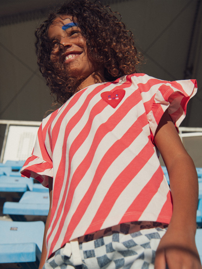 T-shirt Rosa Listrada de Manga Curta com Distintivo para Meninas