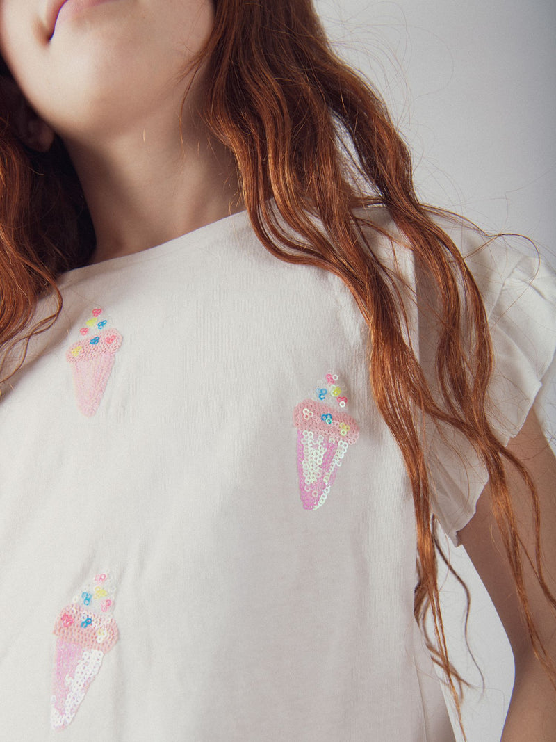 T-shirt ecru com animação de gelados em lantejoulas para meninas