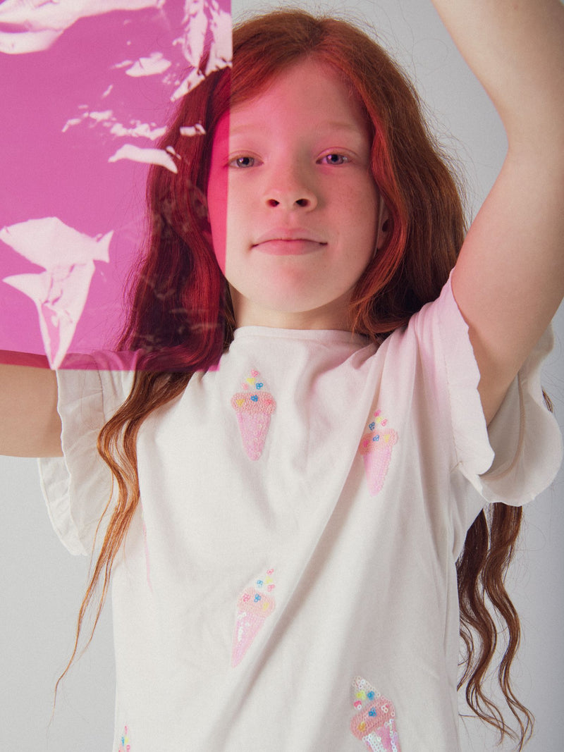 T-shirt ecru com animação de gelados em lantejoulas para meninas